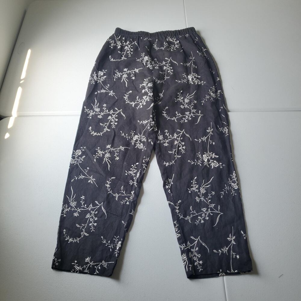 90s Linen Pants Womens 16 Black Floral Embroidered Pull On Elastic Waist Whimsy
